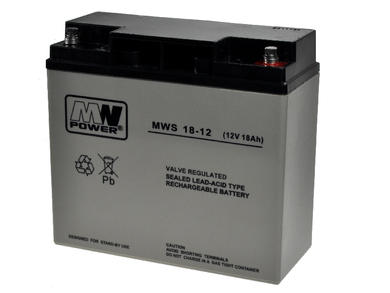 Akumulator; kwasowy bezobsługowy AGM; MWS 18-12; 12V; 18Ah; 181x77x167mm; śruba M5; MW POWER; 5,25kg; 3÷5 lat
