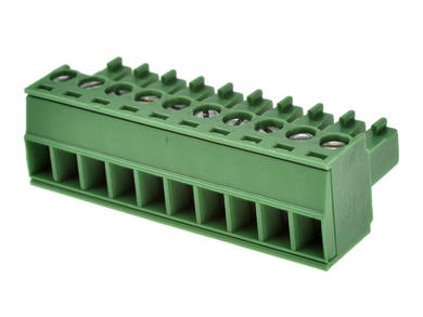 Terminal block; SH10-3,81/AKZ1550/10; 10 ways; R=3,81mm; 15,5mm; 8A; 160V; for cable; angled 90°; square hole; slot screw; screw; vertical; 1,5mm2; green; Euroclamp; RoHS