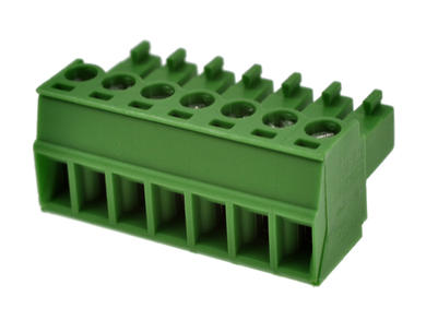 Terminal block; AKZ1550/07-3,81; 7 ways; R=3,81mm; 15,5mm; 8A; 300V; for cable; angled 90°; square hole; slot screw; screw; vertical; 1,5mm2; green; PTR Messtechnik; RoHS