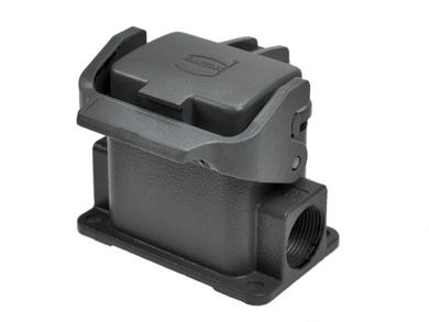 Connector housing; Han A; 09300061256; 6B; metal; straight; for panel; one side cable entry; with cover; with single locking lever; entry for PG16 cable gland; grey; IP65; Harting; RoHS