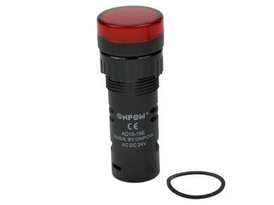 Indicator; AD16-16E/R-24; 16mm; LED 24V backlight; red; screw; black; IP40; 39mm; Onpow; RoHS