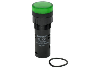 Indicator; AD16-16E/G-230; 16mm; LED 230V backlight; green; screw; black; IP40; 39mm; Onpow; RoHS