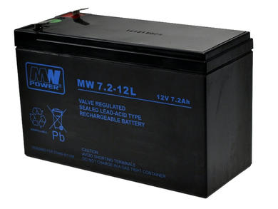 Akumulator; kwasowy bezobsługowy AGM; MW 7,2-12L; 12V; 7,2Ah; 151x65x94(100)mm; konektor 6,3 mm; MW POWER; 2,45kg; 6÷9 lat
