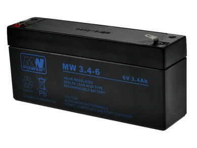 Akumulator; kwasowy bezobsługowy AGM; MW 3,4-6; 6V; 3,4Ah; 134x34x66mm; konektor 4,8 mm; MW POWER; 0,64kg; 6÷9 lat