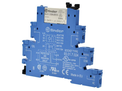 Przekaźnik; elektromagnetyczny miniaturowy; 38.51.7.024.0050; 24V; DC; 1 styk przełączny; 6A; 250V AC; na szynę DIN35; Finder; RoHS