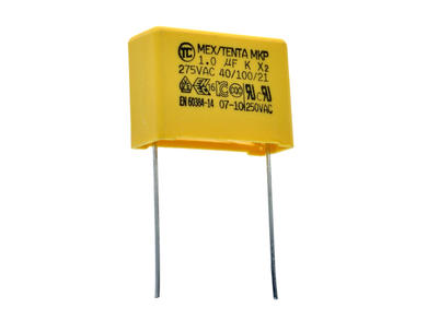 Capacitor; polypropylene; X2; MKP; 1uF; 275V AC; MKP10; 10%; 10x18x26mm; 22,5mm; bulk; -40...+110°C; Tenta; RoHS