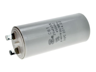 Capacitor; motor; 25uF; 450V; KS 25/450; fi 40x93mm; 6,3mm connectors; screw with a nut; S-cap; RoHS