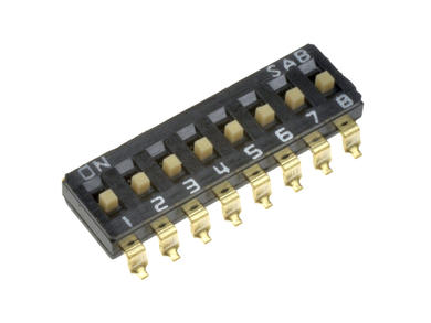 Przełącznik; DIP switch; 8 torów; DIPS*CS; czarny; powierzchniowy (SMD); h=3,4 + suwak 0,4mm; 25mA; 24V DC; biały; SAB switches; RoHS