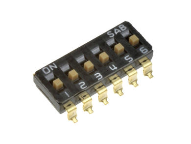 Przełącznik; DIP switch; 6 torów; DIP6CD; czarny; Wyprowadzenia: powierzchniowy (SMD); h=3,4 + suwak 0,4mm; 25mA; 24V DC; biały; SAB switches; RoHS