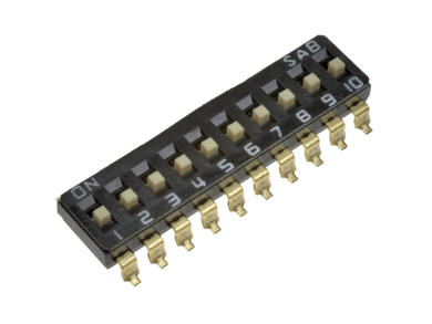 Switch; DIP switch; 10 ways; DIPS10CS; black; surface mount; h=3,4 + knob 0,4mm; 25mA; 24V DC; white; SAB switches; RoHS