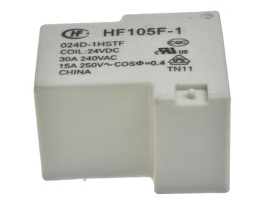 Przekaźnik; elektromagnetyczny miniaturowy; HF105F-1-024D-1HS (JQX105); 24V; DC; 1 styk zwierny; 30A; do druku (PCB); Hongfa; RoHS