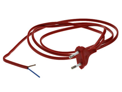 Cable; power supply; 65.0202; CEE 7/16 flat plug; wires; 1,6m; red; 2 cores; 0,50mm2; 2,5A; Leoni; PVC; flat; stranded; Cu; RoHS