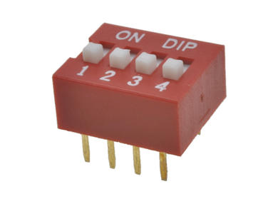 Switch; DIP switch; 4 ways; DIPS4CD; red; through hole; h=5,5 + knob 1,1mm; 25mA; 24V DC; white; KLS; RoHS