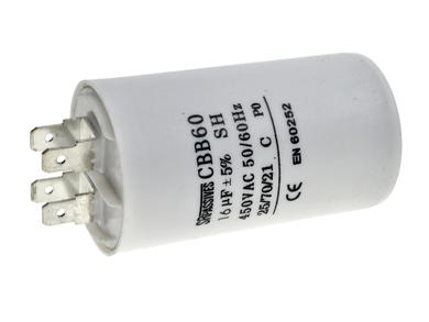 Capacitor; motor; CBB60A-16/450; 16uF; 450V AC; fi 40x71mm; 6,3mm connectors; SR Passives; RoHS