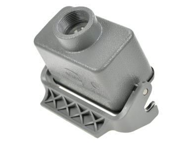 Connector housing; Han A; 09300101751; 10B; metal; straight; for cable; top single cable entry; with single locking lever; entry for PG16 cable gland; grey; IP65; Harting; RoHS