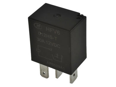 Relay; electromagnetic automotive; HFV6/012HS-T; 12V; DC; SPST NO; 30A; 27V DC; with connectors; without mounting bracket; 1,8W; Hongfa; RoHS