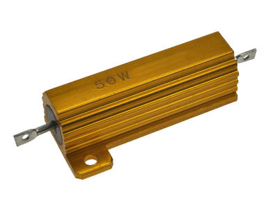 Resistor; wire-wound with heatsink; R50W5%0R1; solder; screw with a nut; 50W; 0,1ohm; 5%; Aluminium; axial; 50x29,2x16mm; AH50; TCO / Thunder; RoHS