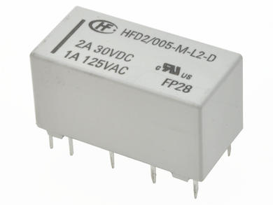 Relay; bistable; HFD2-005-M-L2-D; 5V; DC; DPDT; two coils; 1A; 125V AC; 2A; 30V DC; PCB trough hole; Hongfa; RoHS