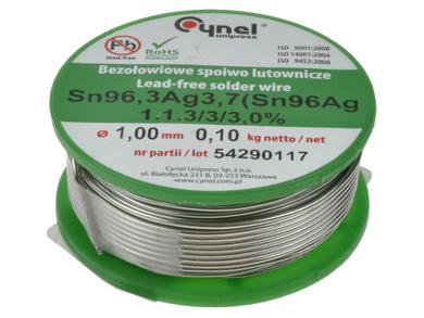 Soldering wire; 1,0mm; reel 0,1kg; Sn96,3Ag3,7/1,00/0,10; lead-free; Sn96,3Ag3,7; Cynel; wire; 1.1.3/3/3.0%; solder tin