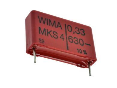 Capacitor; polyester; MKT; 330nF; 630V DC/400V AC; MKS4; MKS4J033305D00KSSD; 10%; 7x16,5x26mm; 22,5mm; bulk; -55...+100°C; Wima; RoHS