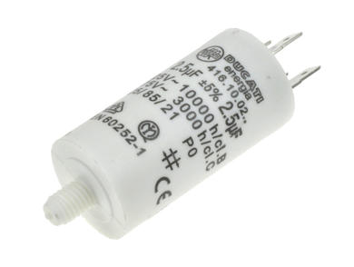 Kondensator; polipropylenowy; silnikowy (rozruchowy); 4.16.10.02.64; 2,5uF; 425V AC; fi 28x55mm; konektory 6,3mm; śruba bez nakrętki; Ducati; RoHS