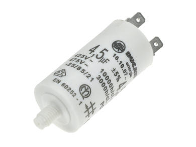 Capacitor; motor; 4,5uF; 425V AC; 4.16.10.07.64; fi 28x55mm; 6,3mm connectors; screw with a nut; Ducati; RoHS