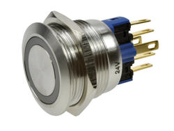 Przełącznik; przyciskowy; GQ22-11E/R/24V/S; ON-(OFF)+OFF-(ON); 2 tory; podświetlenie LED 24V; czerwony; ring; monostabilny; na panel; 5A; 250V AC; 22mm; IP65; Onpow; RoHS