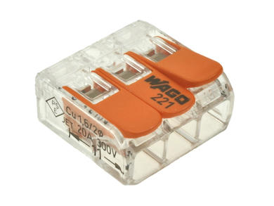 Connector; instalation; 221-413; 3 ways; 7mm; 32A; 450V; for cable; for all wire types; jumper; spring; 0,2÷4mm2; orange; clear; Wago; RoHS