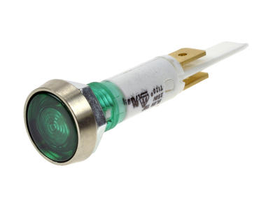 Indicator; TBF010 SC15/A green; 10mm; neon bulb 250V backlight; green; 6,3x0,8mm connectors; silver; IP67; 51mm; RoHS