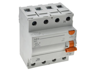Wyłącznik różnicowoprądowy; modułowy; DEFI 25/030/4; 25A; 400V AC; 0,03A; 4 tory; AC; na szynę DIN; śrubowe; AEG; RoHS