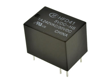Relay; electromagnetic miniature; HFD41-005-HS (HM4100F); 5V; DC; SPDT; 1A; 240V AC; 1A; 30V DC; PCB trough hole; Hongfa; RoHS