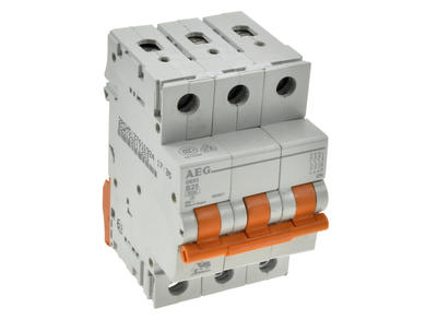 Over current breaker; modular; DE93B25; 25A; 230V AC; 3 ways; B; DIN rail mounted; screw; AEG; RoHS