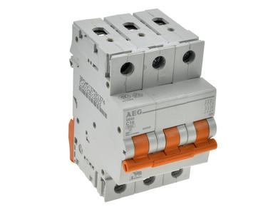 Over current breaker; modular; DE93C16; 16A; 230V AC; 3 ways; C; DIN rail mounted; screw; AEG; RoHS