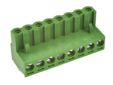 Terminal block; AK950/08-5; 8 ways; R=5,00mm; 17,3mm; 15A; 300V; for cable; angled 90°; square hole; slot screw; screw; vertical; 2,5mm2; green; PTR Messtechnik; RoHS