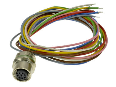 Socket with cable; 43-01002; M12-8p; 8 ways; straight; with 0,5m cable; 0,25mm2; for panel; threaded joint (M16x1,5); 12mm; black; IP67; 2A; 30V; Conec; RoHS