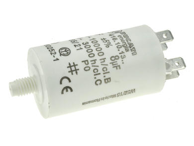 Capacitor; polypropylene; motor; 4.16.10.13.64; 8uF; 425V AC; diam.32x55m; 6,3mm connectors; screw without nut; Ducati; RoHS