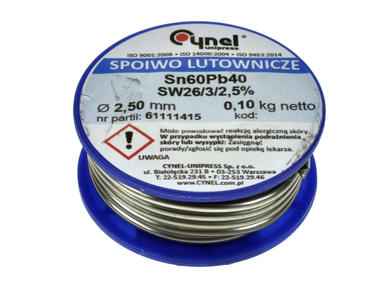 Spoiwo lutownicze; 2,5mm; szpulka 0,1kg; LC60/2,5/0,10; ołowiowe; Sn60Pb40; Cynel; drut; SW26/3/2.5%; cyna