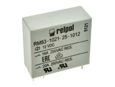 Przekaźnik; elektromagnetyczny miniaturowy; RM83-1021-25-1012; 12V; DC; 1 styk zwierny; 16A; 250V AC; 16A; 24V DC; do druku (PCB); do gniazda; Relpol; RoHS