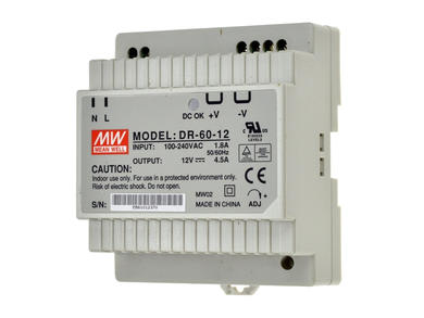 Power Supply; DIN Rail; DR-60-12; 12V DC; 4,5A; 54W; LED indicator; Mean Well