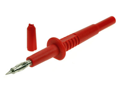 Test probe; 20.157.1; red; 4mm; pluggable (4mm banana socket); 32A; 1000V; 104,5mm; safe; nickel plated brass; PA; Amass; RoHS; 4.401