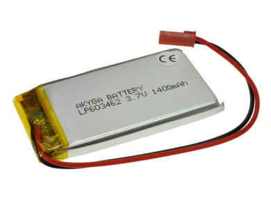 Akumulator; Li-Po; 603462; 3,7V; 1400mAh; 6x34x62mm; Zabezpieczenie PCM; konektor+ gniazdo 2,54*2piny; AKYGA