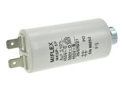 Kondensator; silnikowy (rozruchowy); I150V560-B; MKSP; 6uF; 450V AC; fi 30x58mm; konektory 6,3mm; śruba z nakrętką; Miflex; RoHS