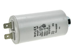 Kondensator; silnikowy (rozruchowy); I150V580-B; MKSP; 8uF; 450V AC; fi 35x65mm; konektory 6,3mm; śruba z nakrętką; Miflex; RoHS