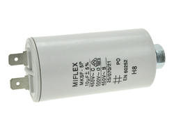 Kondensator; silnikowy (rozruchowy); I150V610-B; MKSP; 10uF; 450V AC; fi 35x65mm; konektory 6,3mm; śruba z nakrętką; Miflex; RoHS