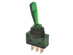 Przełącznik; dźwigniowy; ASW13D zielony; 2*1; ON-OFF; 1 tor; 2 pozycje; bistabilny; na panel; zielony; podświetlenie LED 12V; konektory 6,3x0,8mm; 20A; 12V DC; zielony; 28mm; RoHS