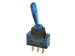 Przełącznik; dźwigniowy; ASW13D niebieski; 2*1; ON-OFF; 1 tor; 2 pozycje; bistabilny; na panel; niebieski; podświetlenie LED 12V; konektory 6,3x0,8mm; 20A; 12V DC; niebieski; 28mm; RoHS