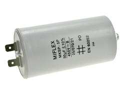 Kondensator; silnikowy (rozruchowy); I150V625K-B1; MKSP; 30uF; 450V AC; fi 45x83mm; konektory 6,3mm; śruba z nakrętką; Miflex; RoHS Kondensator; silnikowy (rozruchowy); I150V625K-B1; MKSP; 30uF; 450V AC; fi 45x83mm; konektory 6,3mm; śruba z nakrętką; Miflex; RoHS
