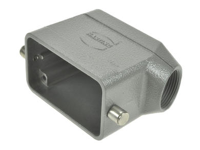 Connector housing; Han A; 19300101541; 10B; metal; angled 45°; for cable; one side cable entry; for single locking lever; entry for M25 cable gland; grey; IP65; Harting; RoHS