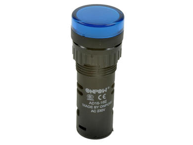 Indicator; AD16-16E/B-230; 16mm; LED 230V backlight; blue; screw; black; IP40; 39mm; Onpow; RoHS