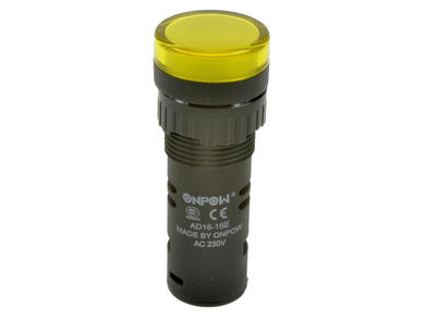 Indicator; AD16-16E/Y-230; 16mm; LED 230V backlight; yellow; screw; black; IP40; 39mm; Onpow; RoHS